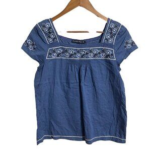 Abercrombie & Fitch Womens Blue Floral Embroidered Smocked Bohemian Blouse Small